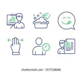 Time management, Presentation board and Multitasking gesture line icons set. Hand washing, Yummy smile and Job interview signs. User with clock, Growth chart, Swipe. Laundry basin. Vector