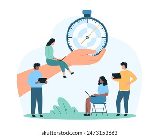 Gestión del tiempo, presión de la fecha límite del proyecto, capacitación en motivación y disciplina. La gente trabajadora adicta pequeña trabaja duro en equipo, control del tiempo por la mano del hombre de negocios con la Ilustración vectorial de la historieta del temporizador