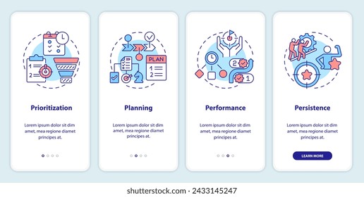 Time management prioritization onboarding mobile app screen. Walkthrough 4 steps editable graphic instructions with linear concepts. UI, UX, GUI template. Myriad Pro-Bold, Regular fonts used