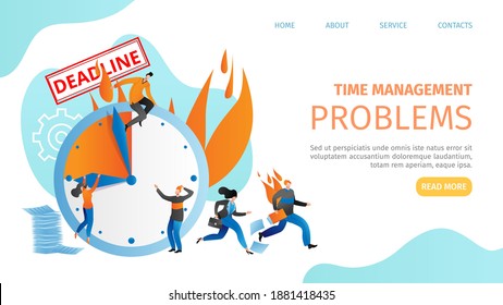 Time management problem, business deadline at alarm clock banner vector illustration. Office manager employee work in stress, web page concept. Flat man woman team plan career strategy.