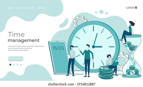 Time management.The process of organizing a business, business people working together, working overtime under deadline conditions.People , clock with a smartphone showing the time and an hourglass.