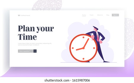 Time Management, Procrastination in Business Process Website Landing Page. Businessman Stand at Huge Clock. Working Productivity Planning, Scheduling Web Page Banner. Cartoon Flat Vector Illustration