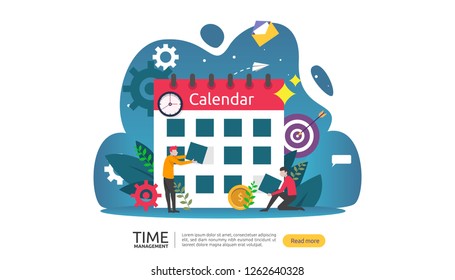 time management and procrastination concept. planning and strategy for business solutions with clock, calendar and tiny people character for presentation, social and print media. Vector illustration