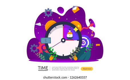 time management and procrastination concept. planning and strategy for business solutions with clock, calendar and tiny people character for presentation, social and print media. Vector illustration