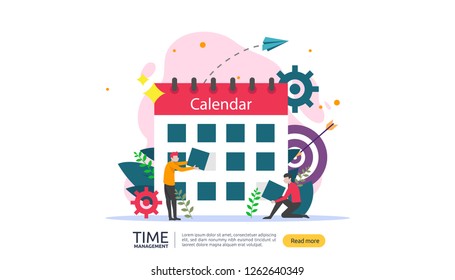 time management and procrastination concept. planning and strategy for business solutions with clock, calendar and tiny people character for presentation, social and print media. Vector illustration