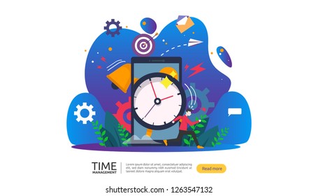 time management and procrastination concept. planning and strategy for business solutions with clock, calendar and tiny people character for presentation, social and print media. Vector illustration