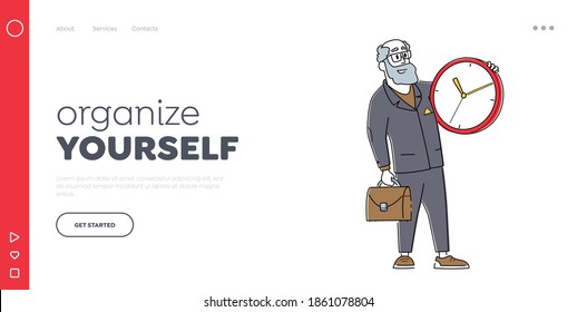 Time Management, Procrastination, Lack of Time Landing Page Template. Deadline, Business Working Process Organization. Senior Businessman Character with Huge Alarm Clock. Linear Vector Illustration