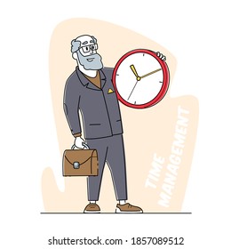 Time Management, Procrastination, Lack of Time, Work Productivity. Deadline, Business Working Process Organization. Senior Businessman Character with Huge Alarm Clock. Linear Vector Illustration