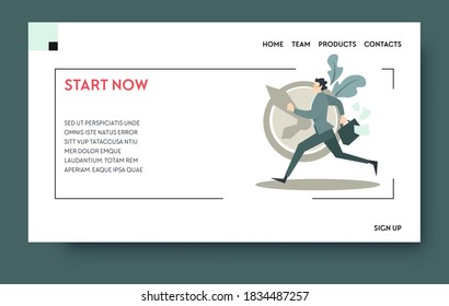 La gestión del tiempo y la postergación, empiezan ahora a lograr resultados. Liderazgo y éxito profesional en el trabajo. Corriendo hombre y reloj. Plantilla de sitio web o página web, vector de estilo plano de la página de destino