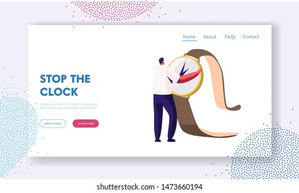 Time Management and Procrastination Website Landing Page. Tiny Man Holding Huge Watch in Hands. Planning and Strategy for Business Solution with Clock Web Page. Cartoon Flat Vector Illustration Banner