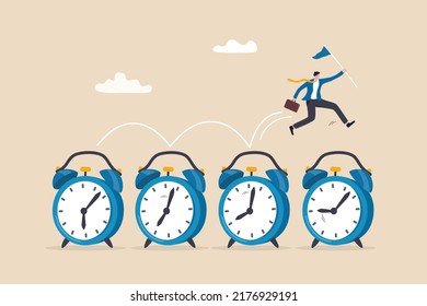 Time management, procrastination or work productivity, finish project within deadline, work efficiency or planning, fast pace project concept, businessman expert jumping on time passing alarm clock.