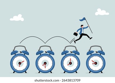 Time management, procrastination or work productivity, finish project within deadline, work efficiency or planning, fa project concept, businessman expert jumping on time passing alarm clock.