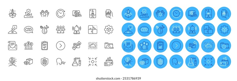 Gestión del tiempo, desarrollo de productos y paquete de iconos de línea de ejercicios de respiración. Agua segura, Minimizar, Icono de Web de laboratorio de química. Cambio de hora, entrevista, pictograma de la agencia de seguridad. Icono de color Botones. Vector