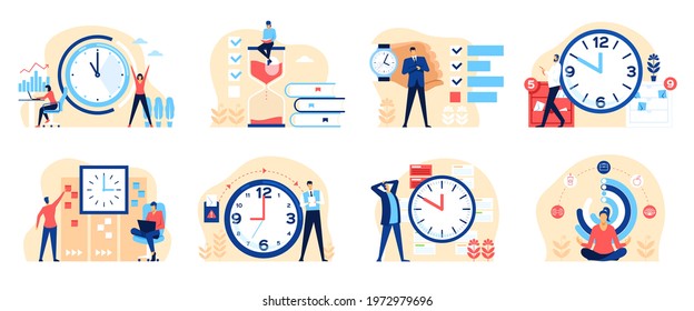 Time management. Productive business people organizing their time. Effective work planning, multitasking concept with clocks and hourglass vector set. Office productivity, workflow