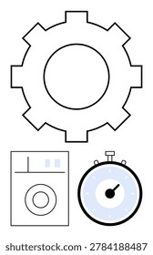Time management, productivity, automation, efficiency, workflow, industrial operations. Minimalist icons of a gear, washing machine and stopwatch. Time management and productivity illustration