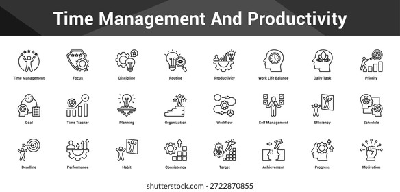 Gerenciamento de tempo e produtividade Conjunto coeso de ícones vetoriais minimalistas que representam ideias-chave com clareza visual