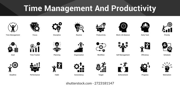 Time Management And Productivity Cohesive set of minimalist vector icons representing key ideas with visual clarity
