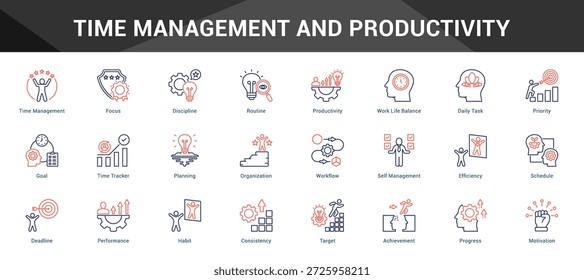 Zeitmanagement und Produktivität Einheitlicher Satz minimalistischer Vektorsymbole, die wichtige Ideen mit visueller Klarheit darstellen