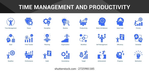 Gerenciamento de tempo e produtividade Conjunto coeso de ícones vetoriais minimalistas que representam ideias-chave com clareza visual