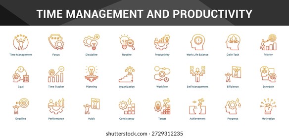 Gerenciamento de tempo e produtividade Conjunto coeso de ícones vetoriais minimalistas que representam ideias-chave com clareza visual