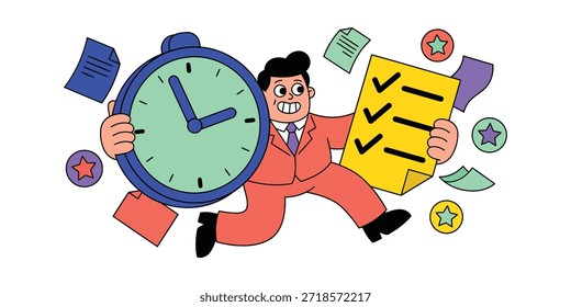 Time Management and Productivity Concept with Checklist – Flat Cartoon Illustration