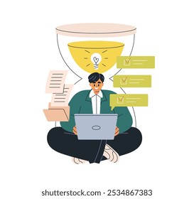 Time management and productivity concept. Multitasking business man organizing work, meeting deadlines. Focus on efficiency, task completion. Flat vector illustration isolated on white background