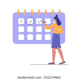 Time management, productivity, control, motivation and effective job planning, .Woman holds pencil in hand and marks days on calendar, write down tasks. Concept flat vector illustration