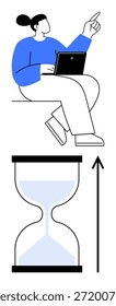 Gestión del tiempo, productividad, eficiencia, aprendizaje en línea, establecimiento de objetivos, planificación de la fuerza laboral. Mujer con una computadora portátil apuntando hacia arriba y un reloj de arena con un icono de flecha. Gestión del tiempo y productividad