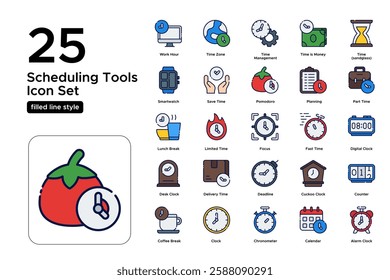 Time Management and Productivity Icons. Clock, Calendar, and Scheduling Symbols. Vector Illustration. FIlled line icon set