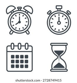 Time Management and Productivity Icons - Clock, Stopwatch, Calendar, and Hourglass