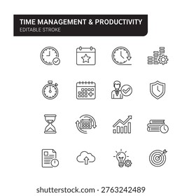 Time management and productivity icons: clock, calendar, hourglass, graph, lightbulb, target, stopwatch, light bulb - Powered by Shutterstock - Get 15% off with code: PIKWIZARD15