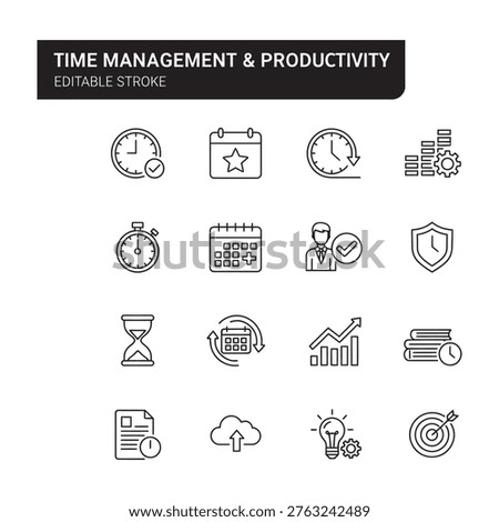 Time management and productivity icons: clock, calendar, hourglass, graph, lightbulb, target, stopwatch, light bulb
