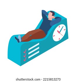 Time Management Productivity Isometric Concept With Relaxing Man 3d Vector Illustration