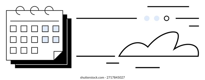 Gestión del tiempo, productividad, programación, planificación, plazos, organización. Un calendario y una nube en un estilo limpio y gráfico. Gestión del tiempo y productividad conceptualizada visualmente