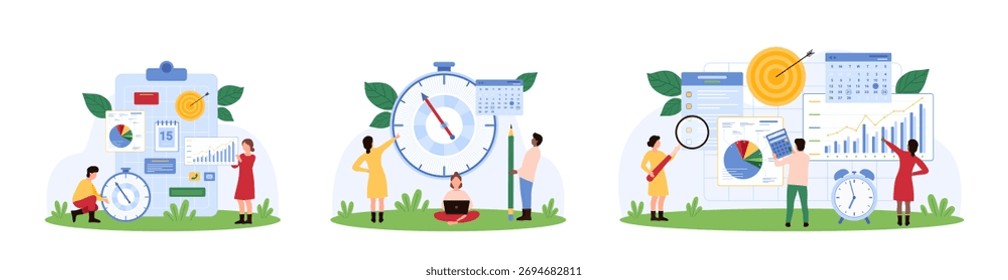 Gerenciamento de tempo, conjunto de desenvolvimento de habilidades de produtividade. Minúsculas pessoas estudam o crescimento de seta de gráfico e relatórios a bordo, trabalhar com temporizador e cronograma para tarefas organização desenho animado vetor ilustração