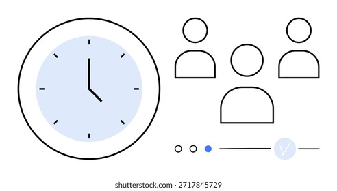 Gestión del tiempo, productividad, trabajo en equipo, programación de empleados, planificación de tareas, colaboración. Reloj minimalista e iconos de personas en una estructura de equipo. Gestión del tiempo y tema de productividad