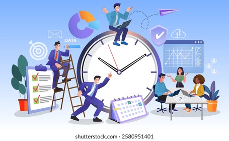 Time management and project management concept. A business team collaborates around a giant clock, analyzing data and using a checklist to meet deadlines and improve efficiency.