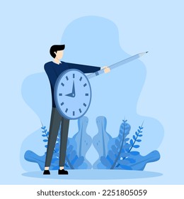 time management or project deadline challenge concept, Fighting procrastination for productivity master or efficiency professional, businessman wearing clock shield and pencil sword.