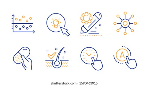 Time management, Project edit and Capsule pill line icons set. Multichannel, Dot plot and Energy signs. Anti-dandruff flakes, Ab testing symbols. Office clock, Settings. Science set. Vector