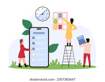 Time management and project organization in mobile app, deadline. Tiny people control and organize tasks with schedule list on smartphone screen, planning business event cartoon vector illustration