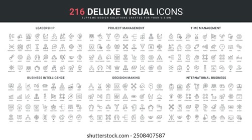 Time management, project organization and process line icon set. Business priority, problem solving and decision making by manager and businessman thin black outline symbols vector illustration