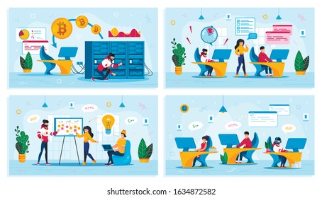 Time Management, Project Planning Meeting, Bitcoin Trading, Startup Team Trendy Flat Vector Concepts Set. Employees Meeting, Programmers in Office, Developers Fails Deadline, Mining Farm Illustration