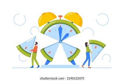 Time Management And Project Task Allocation Concept. Characters Team Plan And Manage Resources To Complete Work In Deadline, Men And Women Dividing Clock On Pieces. Cartoon People Vector Illustration