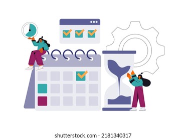 Time management. Projects and deadlines. Time management concept planning, organization, working time. Time organization efficiency. Schedule job project team. Vector flat illustration