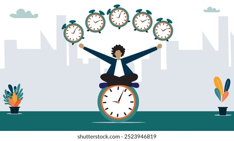 Time management, punctuality or work deadline, schedule plan or reminder, productivity expert or timer countdown, expertise concept, confidence businessman expert juggling clock in difference time.