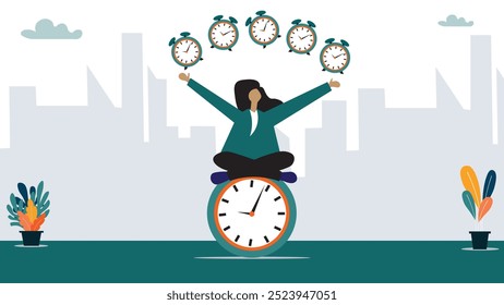 Time management, punctuality or work deadline, schedule plan or reminder, productivity expert or timer countdown, expertise concept, confidence businesswoman expert juggling clock in difference time.