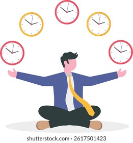 Time management, punctuality or work deadline, schedule plan or reminder, productivity expert or timer countdown, expertise concept, confidence businessman expert juggling clock in difference time.

