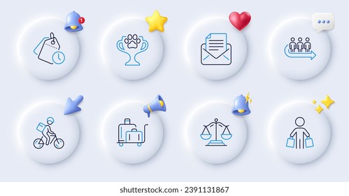 Time management, Queue and Mail correspondence line icons. Buttons with 3d bell, chat speech, cursor. Pack of Winner cup, Luggage trolley, Justice scales icon. Delivery bike, Buyer pictogram. Vector