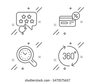 Time management, Ranking star and Cashback line icons set. 360 degrees sign. Time analysis, Click rank, Non-cash payment. Full rotation. Technology set. Line time management outline icon. Vector