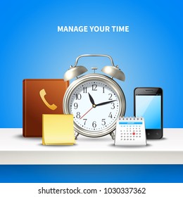 Time management realistic and colored composition with manage your time big headline vector illustration